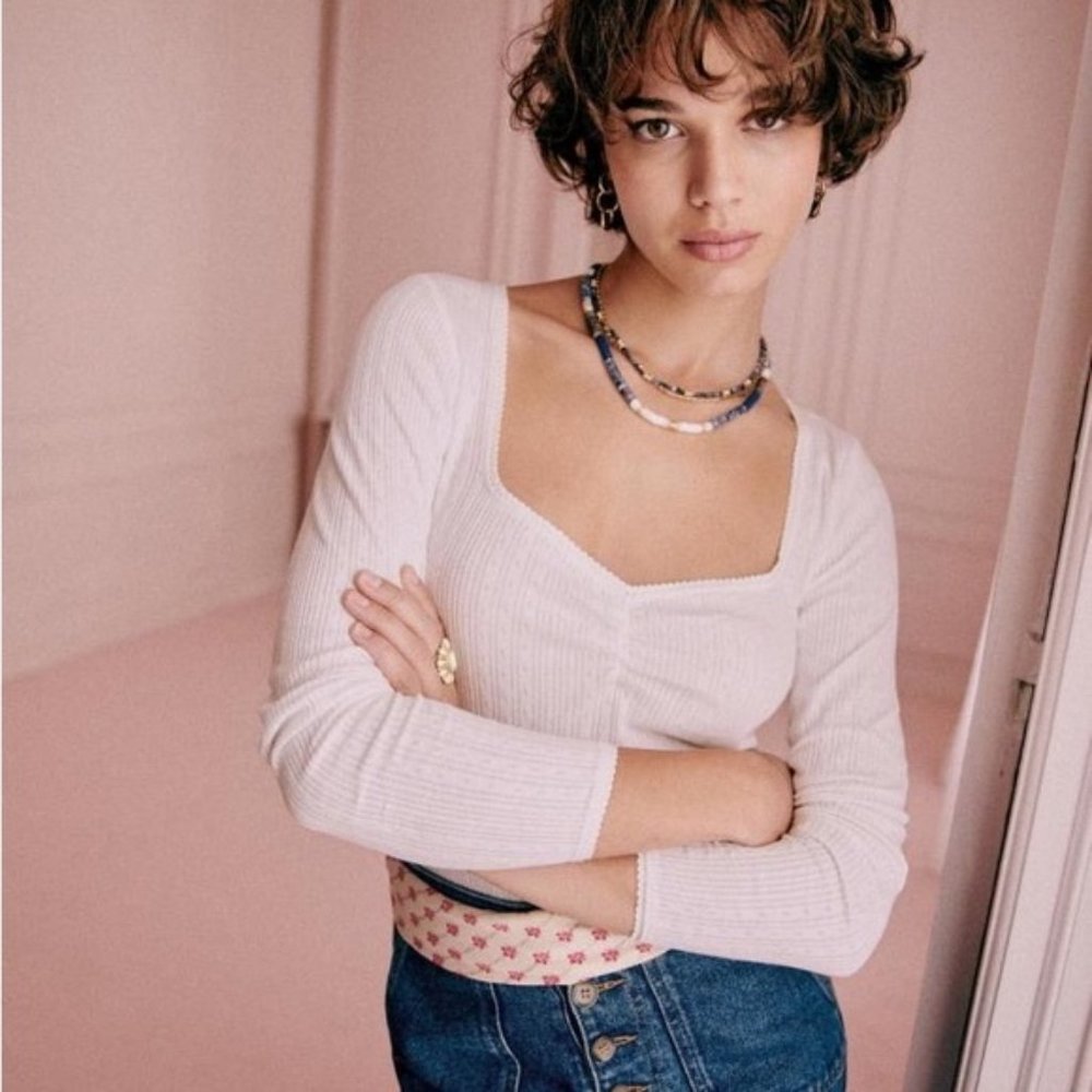 Sézane Mara Long Sleeve Cotton V Neck Shirt